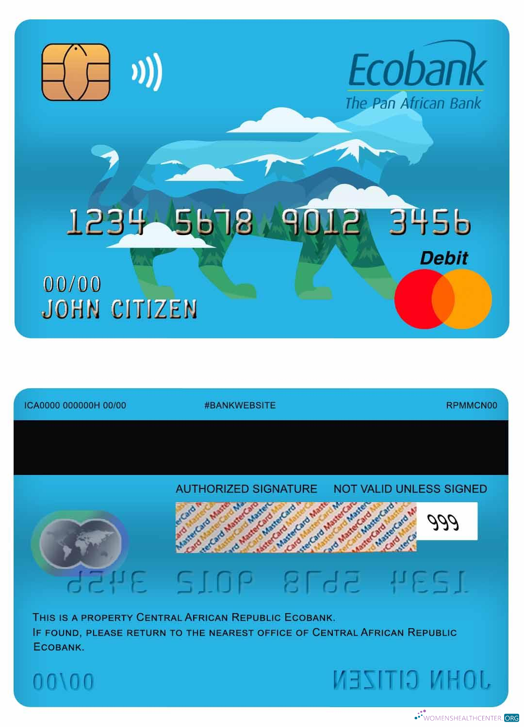 Download Central African Republic Ecobank master debit card Photoshop template
